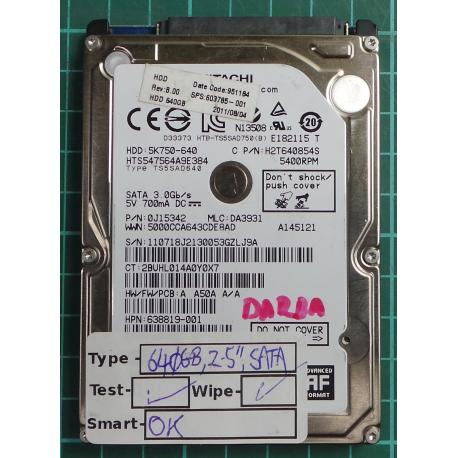 USED, Hard Disk, HITACHI, HTS547564A9E384, 5K750-640, P/N: 0J15342, Laptop, SATA , 640GB