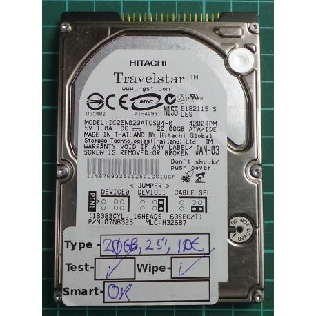 USED, Hard Disk, HITACHI, IC25N020ATCS04-0, P/N: 07N8325, Laptop, IDE, 20GB