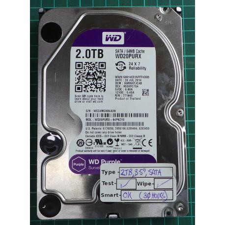 USED, Hard Disk, WD20PURX, WD Purple, WD20PURX-64P6ZY0, Desktop, SATA , 2TB