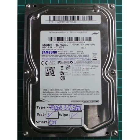 USED, Hard Disk, SAMSUNG, HD753LJ, P/N: 490931IS216580, Desktop, SATA, 750GB