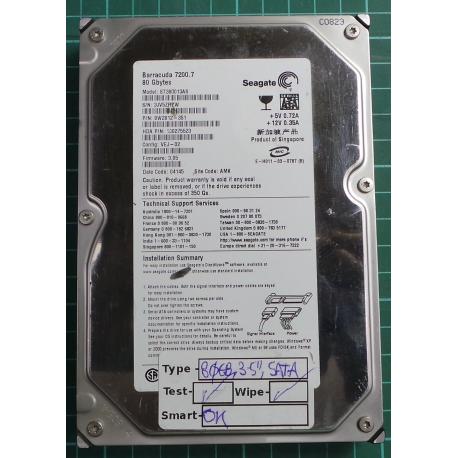 USED, Hard Disk, Seagate, Barracuda 7200.7, ST380013AS, P/N: 9W2812-351, Firmware: 3.05, Desktop, SATA, 80GB