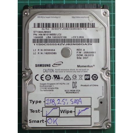 USED, Hard disk, SAMSUNG, ST1000LM024, P/N: HN-M101MBB/LC2, Laptop, SATA, 1TB