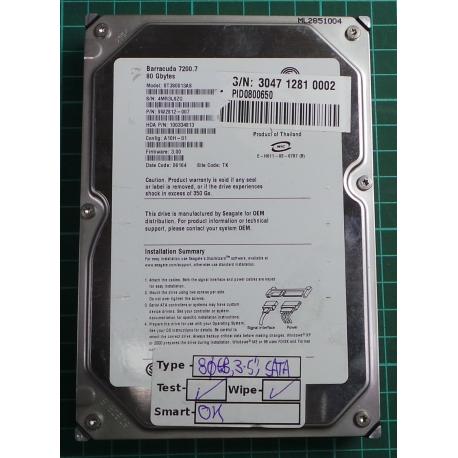 USED, Hard Disk, Seagate, Barracuda 7200.7, ST380013AS, P/N: 9W2812-007, Firmware: 3.00, Desktop, SATA, 80GB