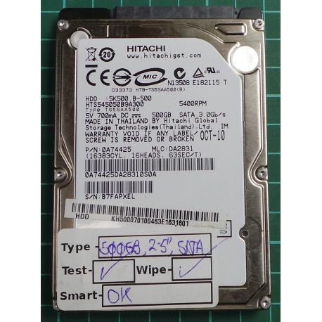 USED, Hard Disk, HITACHI, HTS545050B9A300, P/N: 0A74425, Laptop, SATA, 500GB