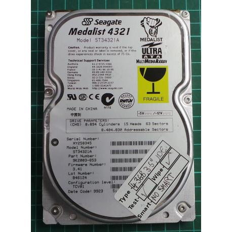 USED, Hard Disk, Seagate, Medalist 4321, ST34321A, P/N: 9K2003-653, Firmware: 3.41, Desktop, IDE, 4.3GB