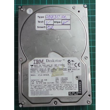 USED, Hard Disk, IBM, DTLA-305020, P/N: 07N4105, Desktop, IDE, 20GB