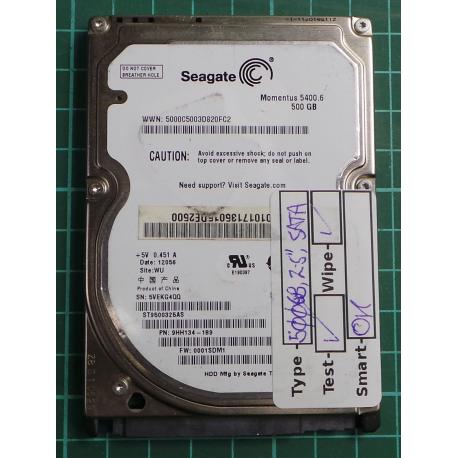 USED, Hard Disk, Seagate, Momentus 5400.6 , ST9500325AS, P/N: 9HH134-189, Firmware: 0001SDM1, Laptop, SATA, 500GB