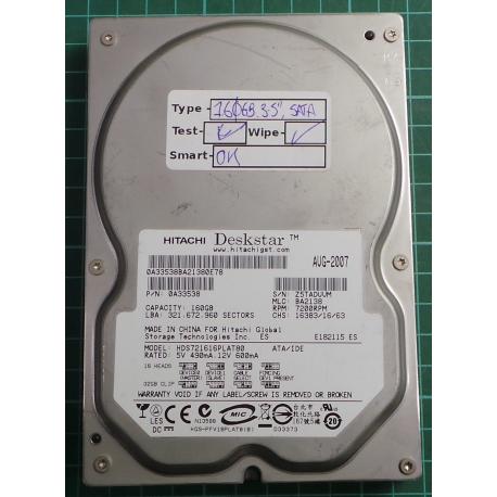 USED, Hard Disk, HITACHI, HDS721616PLAT80, P/N: 0A33538, Desktop, IDE, 160GB