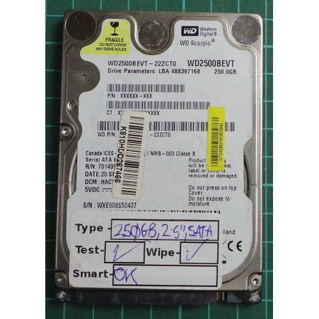 USED, Hard Disk, WD2500BEVT, WD Scorpio, WD2500BEVT-22ZCT0, Laptop, SATA, 250GB