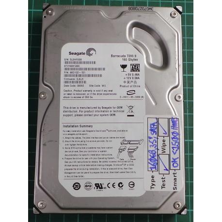 USED, Hard Disk, Seagate, Barracuda 7200.9, ST3160812AS, P/N: 9BD132-151, Firmware: 3.ALH, Desktop, SATA , 160GB