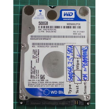 USED, Hard Disk, WD5000LPCX, WD Blue, WD5000LPCX-24VHAT0, Laptop, SATA, 500GB