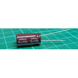 Capacitor, Electrolytic, 15uF, 400V, Ø10x20mm, Pitch: 5mm