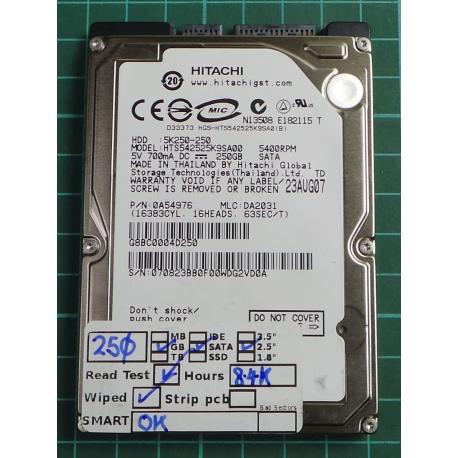 USED, Hard Disk, HITACHI, HTS542525K9SA00, P/N: 0A54976, Laptop, SATA, 250GB