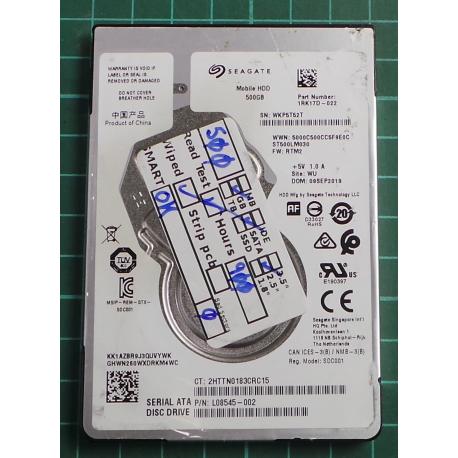 USED, Hard Disk, Seagate, Mobile HDD , ST500LM030, P/N: 1RK17D-022, Firmware: RTM2, Laptop, SATA, 500GB