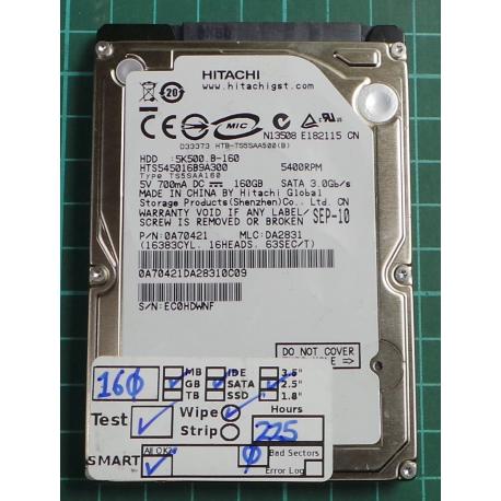 USED, Hard Disk, HITACHI, HTS545016B9A300, P/N: 0A70421, Laptop, SATA, 160GB