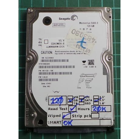 USED, Hard Disk, Seagate, Momentus 5400.3 , ST9120822AS, P/N: 9S1133-196, Firmware: 3.ALB, Laptop, SATA, 120GB