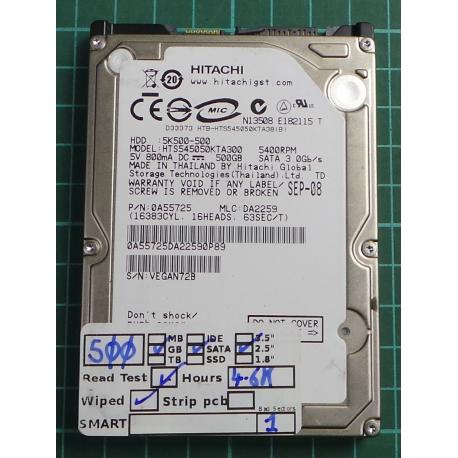 USED, Hard Disk, HITACHI, HTS545050KTA300, 5K500-500, P/N: 0A55725, Laptop, SATA, 500GB