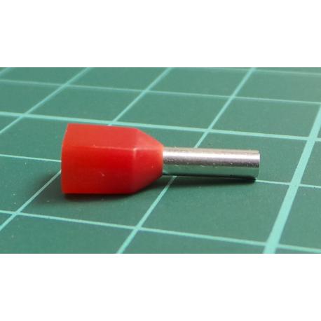 TLA, TCEF108F, Twin Bootlace Ferrule, Red, Cable Entry 1mm², Barrel Length 8mm