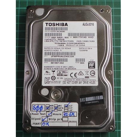 USED, Hard disk, TOSHIBA, DT01ACA050, P/N: 661697-002, Desktop, SATA, 500GB
