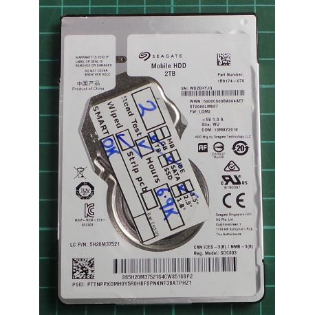 USED, Hard Disk, Seagate, Mobile HDD , ST2000LM007, P/N: 1R8174-070, Firmware: LDM2, Laptop, SATA, 2TB
