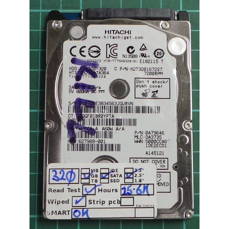 USED, Hard Disk, HITACHI, HTS723232A7A364, Z7K320-320, P/N: 0A79646, Laptop, SATA, 320GB