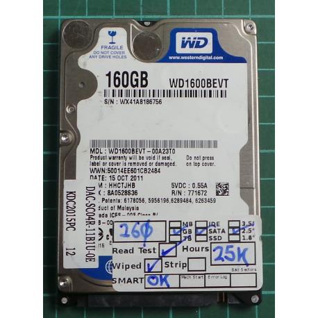 USED, Hard Disk, WD1600BEVT, WD Scorpio, WD1600BEVT-00A23T0, Laptop, SATA, 160GB