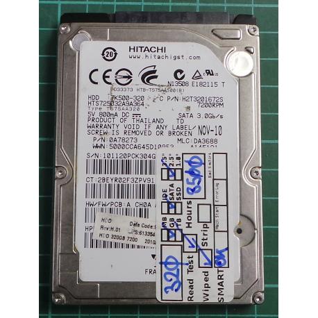 USED, Hard Disk, HITACHI, HTS725032A9A364, 7K500-320, P/N: 0A78273, Laptop, SATA, 320GB