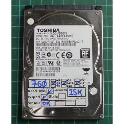 USED, Hard Disk, TOSHIBA, MQ01ABD075, AAH AA00/AX001C, Laptop, SATA, 750GB