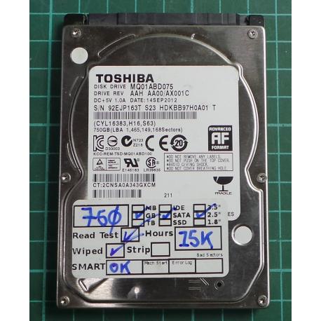 USED, Hard Disk, TOSHIBA, MQ01ABD075, AAH AA00/AX001C, Laptop, SATA, 750GB