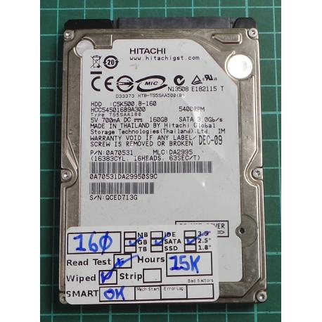 USED, Hard Disk, HITACHI, HCC545016B9A300, C5K500.B-160, P/N: 0A70531, Laptop, SATA, 160GB