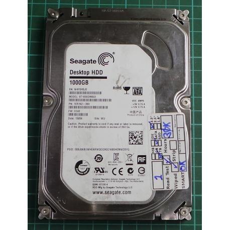 USED, Hard Disk, Seagate, Desktop HDD, ST1000DM003, P/N: 1ER162-300, Firmware: CC43, Desktop, SATA , 1TB