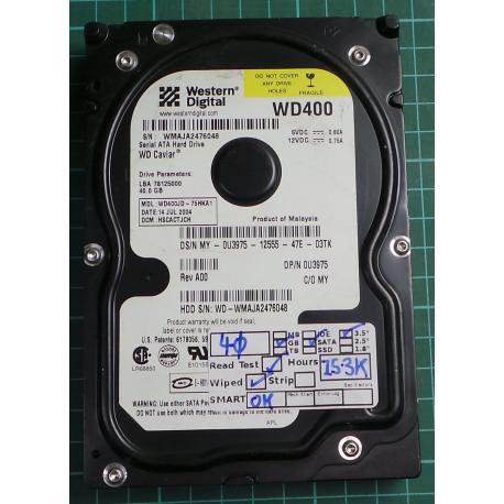 USED, Hard Disk, WD400, WD Caviar, WD400JD-75HKA1, Desktop, SATA, 40GB