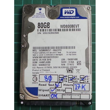 USED, Hard Disk, WD800BEVT, WD Scorpio, WD800BEVT-00A23T0, Laptop, SATA, 80GB