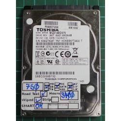 USED, Hard Disk, TOSHIBA, MQ01ABD075, AAT AA21/AX0A4M, Laptop, SATA, 750GB