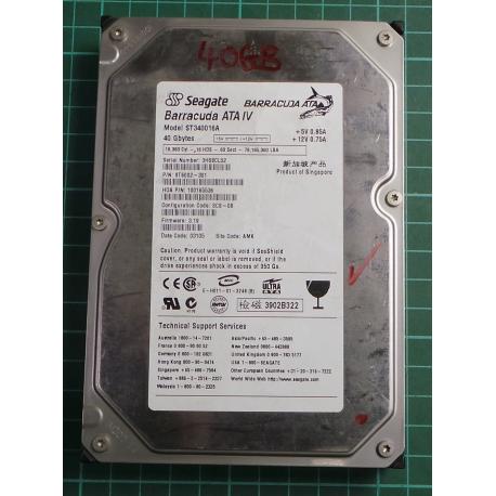 USED, Hard Disk, Seagate, Barracuda ATA IV, ST340016A, P/N: 9T6002-301, Firmware: 3.19, Desktop, IDE, 40GB