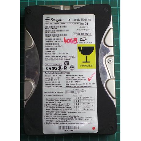 USED, Hard Disk, Seagate, U6, ST340810A, P/N: 9T7002-304, Firmware: 3.39, Config: U2P-02, Desktop, IDE, 40GB