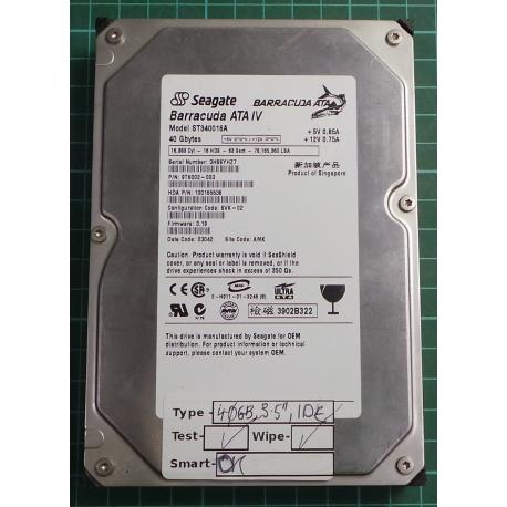 USED, Hard Disk, Seagate, Barracuda ATA IV, ST340016A, P/N: 9T6002-003, Firmware: 3.19, Config: SVK-02, Desktop, IDE, 40GB
