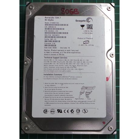 USED, Hard Disk, Seagate, Barracuda 7200.7, ST380817AS, P/N: 9W2932-370, Firmware: 3.42, Config: C4R-03, Desktop, SATA, 80GB