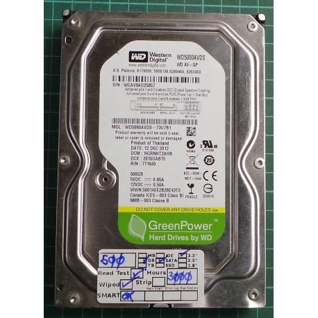 USED, Hard Disk, WD5000AVDAS, WD AV-GP, WD5000AVDS-73U7B1, Desktop, SATA, 500GB