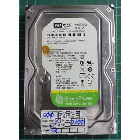 USED, Hard Disk, WD5000AUDX, WD AV-GP, WD5000AUDX-63WNHY0, Desktop, SATA, 500GB