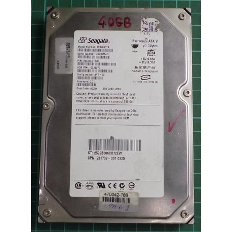 USED, Hard Disk, Seagate, Barracuda ATA V, ST340017A, P/N: 9W4004-030, Firmware: 3.31, Config: AYE-02, Desktop, IDE, 40GB
