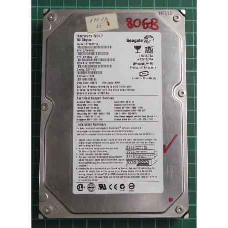 USED, Hard Disk, Seagate, Barracuda 7200.7, ST380011A, P/N: 9W2003-311, Firmware: 3.06, Config: D3Y-01, Desktop, IDE, 80GB