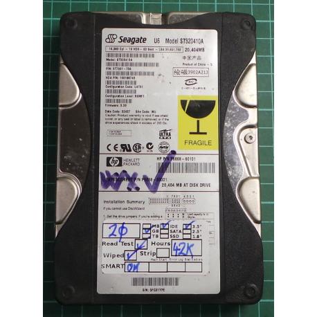 USED, Hard Disk, Seagate, U6, ST320410A, P/N: 9T7001-736, Firmware: 3.39, Config: U4T01, Desktop, IDE , 20GB
