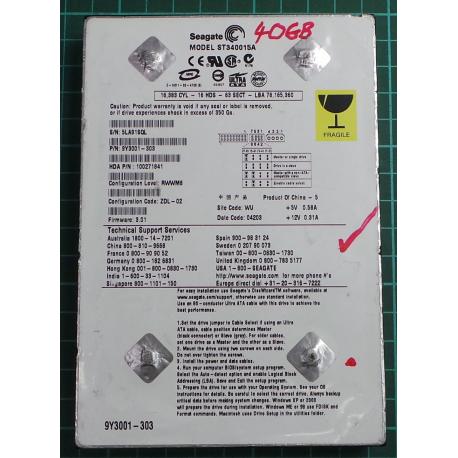 USED, Hard Disk, ST340015A, Seagate, P/N: 9Y3001-303, Firmware: 3.01, Config: ZDL-02, Desktop, IDE, 40GB