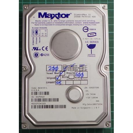 USED Hard Disk, MAXTOR, DiamondMax 10, BAH41B10, PATA133 HDD, Desktop, IDE, 200GB