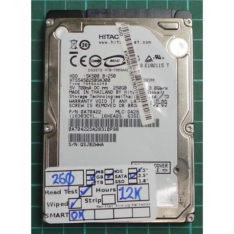 USED, Hard Disk, HITACHI, HTS545025B9A300, Z5K500.B-250, P/N: 0A70422, Laptop, SATA, 250GB