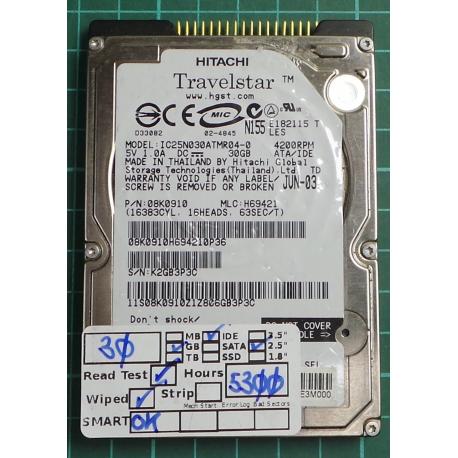 USED, Hard Disk, HITACHI, IC25N030ATMR04-0, P/N: 08K0910, Laptop, IDE, 30GB
