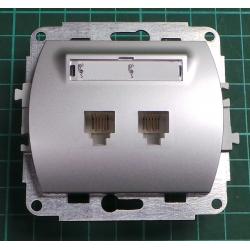 Strojek zasuvka TEL. dvojita 2x 4 kontaktu + kryt stribrny IP20