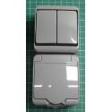 Exterior Wall Module, Dual SPST Switch, Ganged one side, c.5, Plus a single Euro Socket, 10/16A, 250V, IP44, 10WGHP-2