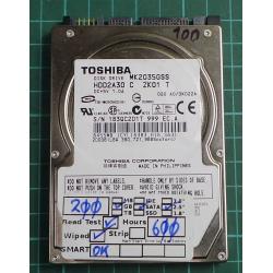USED, Hard Disk, TOSHIBA, MK2035GSS, HDD2A30 C ZK01 T, Laptop, SATA, 200GB